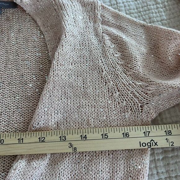 NY Collection Cardigan Women XS Open Weave Pink Sequins 3/4 Sleeve Barbie Core - Picture 12 of 13